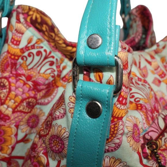 Karried Astray Teal Green Faux Leather Floral Fabric Satchel Shoulder Purse - Picture 12 of 14